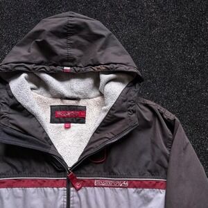 Y2K Rusty Mens Hooded Colorblock Jacket Sherpa Lined Grey Burgundy Large